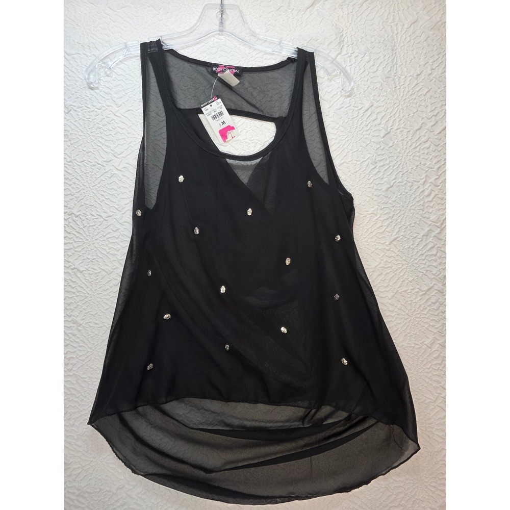Body Central Tank Top Women M Black NEW Mesh Skull Rhinestone Y2K Mall Goth